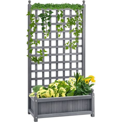 Jardinière surélevée avec treillis, bac à fleurs, support pour plantes grimpantes, arche pour rosiers grimpants, bois de jardin, gris, 64 x 28 x 120 cm
