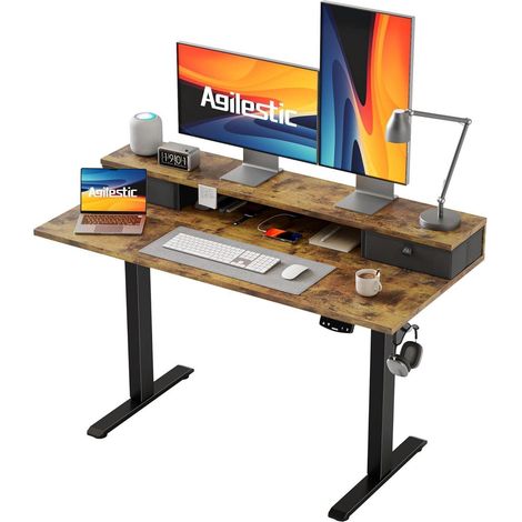 Elektrischer Steh-Sitz Schreibtisch 120x60cm mit 2 Schubladen, höhenverstellbar, Braun (1/5)