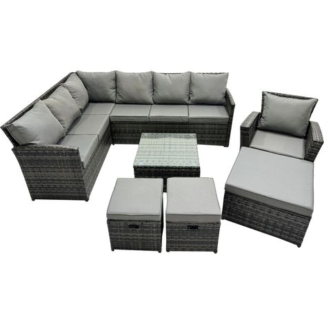Fimous 10 Seat Poly Rattan Outdoor Patio Coffee Table Corner Sofa Set with 3 Stool Chair for Garden Backyard Dark Grey Mixed (1/5)