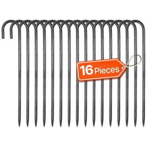 16 PCS Estacas de Varilla de Refuerzo 406,4 mm con Gancho en J de Diámetro 1 cm, Anclajes de Acero Galvanizado con Punta de Cincel y Revestimiento Resistente a la Oxidación para Jardinería (1/5)