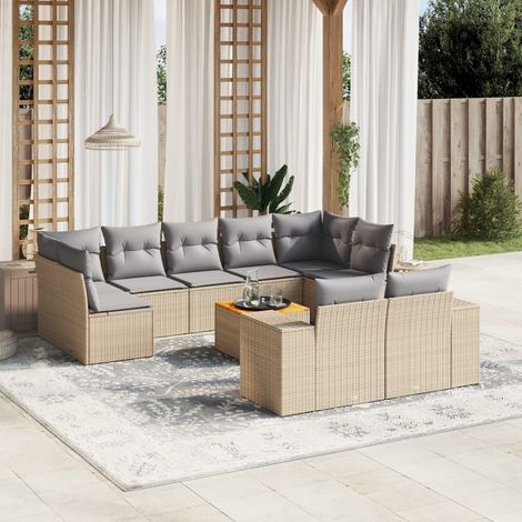 Ensemble Salon Jardin 10 Places Résine Tressée Beige avec Coussins Gris - Table Acacia - Mobilier Extérieur Modulaire (1/4)