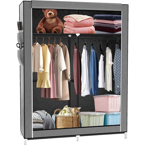Armoire en Tissu Intissé Organiseur de Rangement Portable avec Barre de Suspension pour Chambre à Coucher, Armoire (Gris)