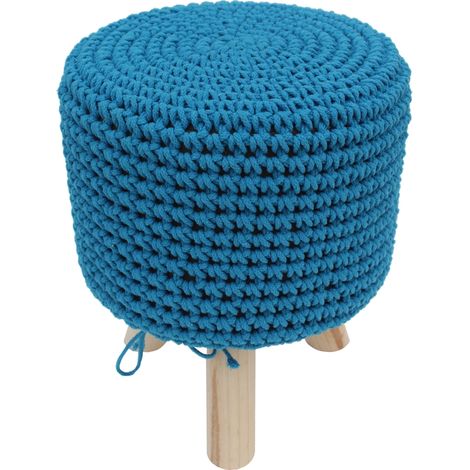 Sitzhocker Hellblau Holz Strickpolster Stoff Polster Retro Hocker Sitzpouf Holzfuß Sitzbank Pouf Fußbank Rund Metall Wohnbereich Möbel Vintage Relax (1/5)