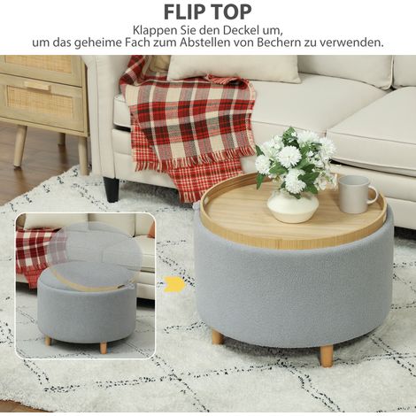 Tabouret rembourré en polaire douce avec coffre de rangement secret et couvercle réversible, 56x56x42 cm, gris (1/4)