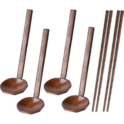 Lot de 4 cuillères japonaises à long manche, grandes cuillères à ramen, cuillères à fondue en bois, cuillères en coquillage, cuillères à riz en bois. (1/5)