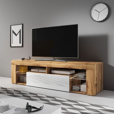 Meuble TV 1 porte 140x35x50 cm chêne et blanc avec LED - PUEBLA