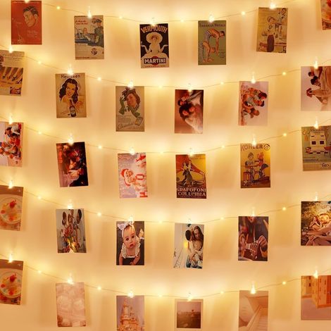 Guirnalda de luces LED para fotos, 10 m, 80 luces LED y 60 pinzas para fotos. Funciona con pilas. Ideal para decorar dormitorios, colgar fotos y como decoración navideña.