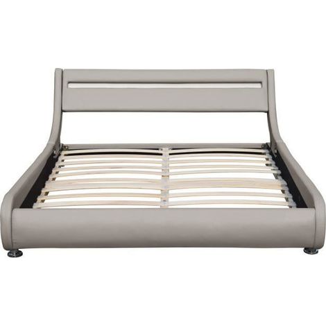 Lit 140x200 - Sommier Ava avec Tête de Lit Éclairage LED - Couleur Blanc - Pieds 5 cm - 13 Lattes - Revêtement PVC Simili - Montage Rapide et Facile - Lit Ava Gris (1/4)