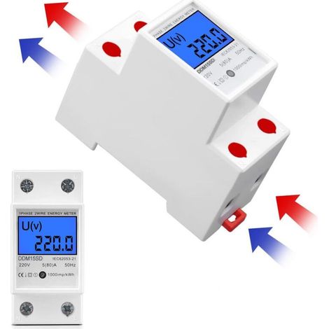 Compteur électrique numérique monophasé 220V – Courant 5(80)A – Fréquence 50Hz – Écran LCD rétroéclairé – Installation rail DIN 35mm - DDM15SD (1/5)
