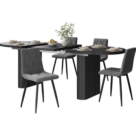 CHICFURN Set de 4 sillas y mesa de comedor extensible 120-160 cm, mesa ovalada con estructura vertical, MDF y metal, negro y gris para cocina o salón (1/5)