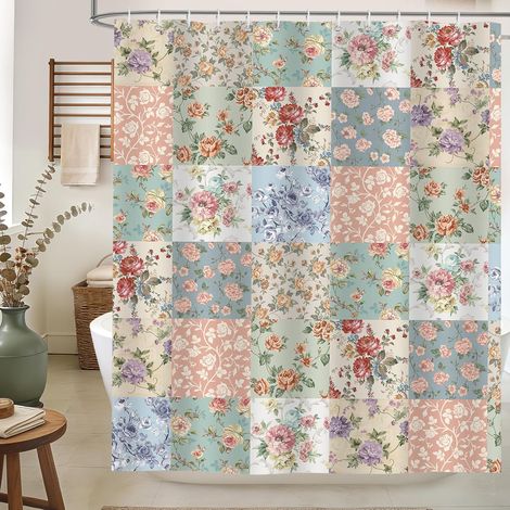 Vintage Rideau de Douche Patchwork 180x180cm Ferme Fleurs Boho Rétro Rustique Rideaux de Baignoire Tissu Polyester Imperméable pour Salle de Bain Lavable en Machine avec 12 Crochets (1/5)