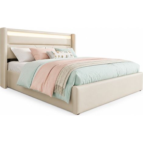Lit coffre 140x200 cm LED hydraulique blanc avec télécommande, grand rangement sous sommier relevable, cuir régénéré texturé, sommier à lattes, CHICFURN (1/5)