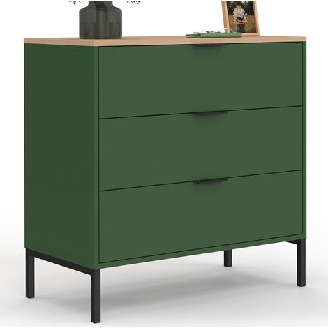Kommode mit 3 Schubladen KELIA 80 cm khakigrün und Holzplatte