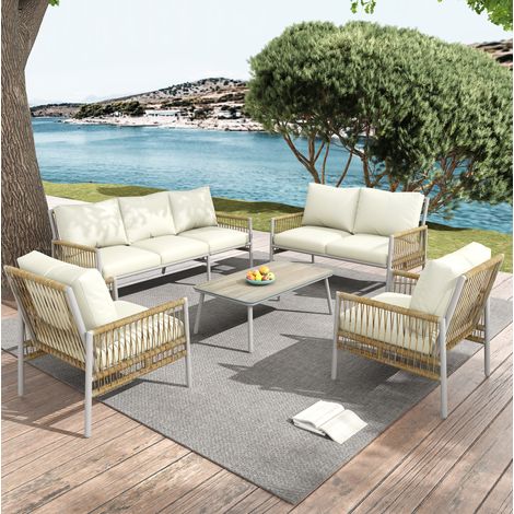 Ensemble de mobilier de jardin 7 places en PE rotin beige, acier galvanisé, table basse en verre trempé, coussins lavables (1/5)