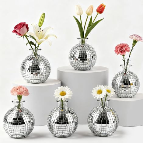 6 Pièces Vase Verre Argenté 8,7 x 9,6 cm, Soliflore Miroir pour Vase Fleur, Petits Vases Décoratifs pour Table, Mariage, Salon et Centre de Table (1/5)