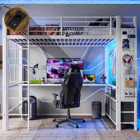 Lit mezzanine 90×200cm fer,bureau,tringle à linge,étagères,4 tiroirs,USB/Type-C,LED,rampe,escabeau,panneau perforé,sans matelas