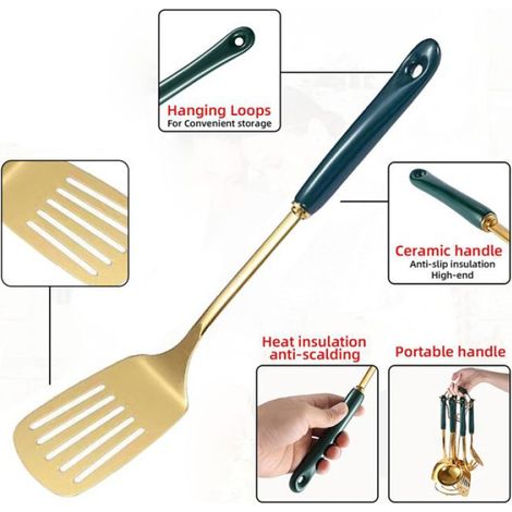 Lot de 2 ustensiles de cuisine, cuillère et spatule, acier inoxydable doré, poignée en céramique, usage quotidien (1/4)