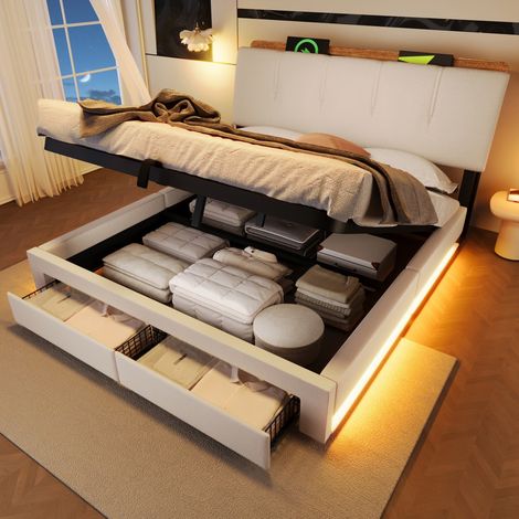 Lit Coffre 140x200 - Lit Double 140x200cm - Cadre de Lit 140x200cm avec USB/Type-C, LED App et Tiroirs Latéraux - Lin Beige (1/5)