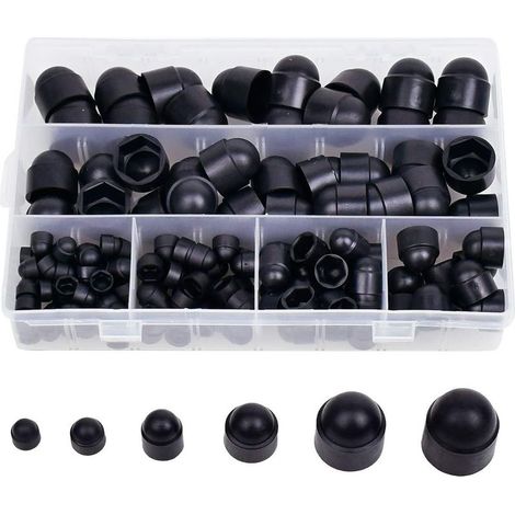 Lot de 145 cache-écrous hexagonaux en caoutchouc, cache-boulons, capuchons à vis, kits d'écrous en plastique avec boîte de rangement, 145 pièces noires M4 M5 M6 M8 M10 M12 (1/4)