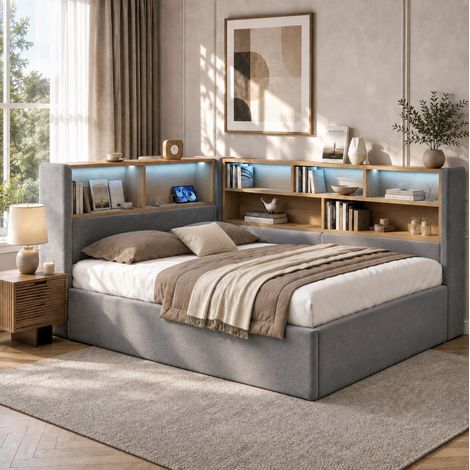 Lit banquette 140x190 cm gris en velours avec rangement hydraulique, éclairage LED et ports USB (1/5)
