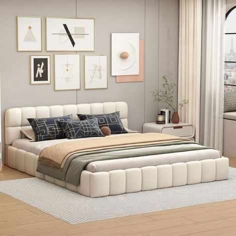 Cama 140x200 cm - Estructura acolchada de lino - Cabecero tapizado - Somier de lamas - Beige (1/5)