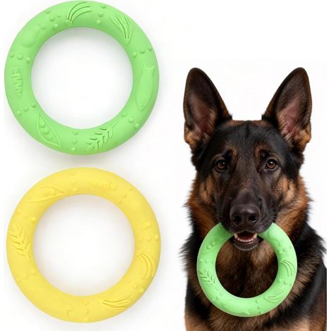 Lot de 2 jouets à mâcher en caoutchouc naturel pour chien - Anneau à mâcher en caoutchouc - Jouet ludique pour les soins dentaires - Pour grands et petits chiens - Jaune et vert (1/5)