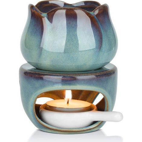 Duftlampe mit Teelöffel, blauer Keramik-Diffusor für ätherische Öle, Duftlampen (1/5)