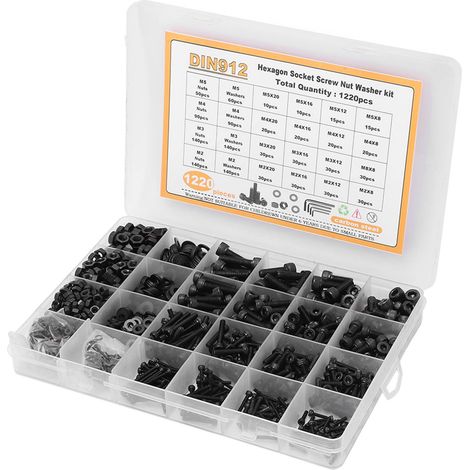 Kit de 1220 vis à six pans creux avec écrous et rondelles assortis, en acier au carbone, tailles M2, M3, M4 et M5, noir. (1/5)