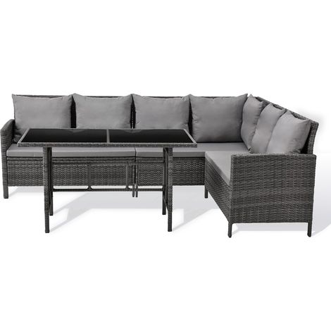 Svita – Salon de jardin d'angle en rotin gris – Canapé 233x167x80 cm – Table 120x66x66 cm avec plateau en verre noir – Coussins amovibles et lavables (1/5)
