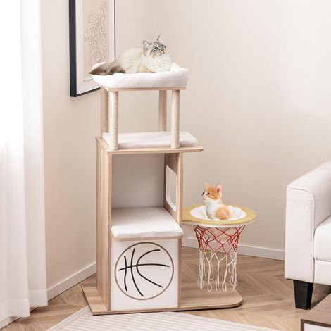 GOPLUS Arbre à Chat 120cm à 5 Niveaux, Design Thème du Sport, 2 Condos pour Chat, Perchoirs, Hamac en Forme de Panier de Basket, Poteaux à Gratter en Jute, Coussins Amovibles et Lavables (1/5)