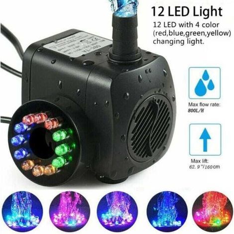Pompe à fontaine 15 W 800 L/h, pompe de bassin, pompe à eau, pompe de jardin : caractéristiques, pompe à fontaine avec 12 LED (1/5)