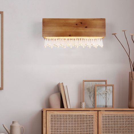 Holzleuchte Wandlampe Flurleuchte Wohnzimmerlampe LED Wandleuchte mit Kristallen, 12W 430lm warmweiß, BxH 37 x 17 cm