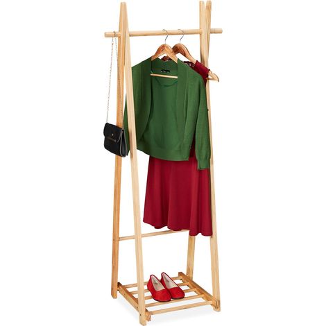 Relaxdays Burro de Ropa con Zapatero, Colgador de Ropa, Autónomo, Guardarropa, 153x62x45 cm aprox., Madera, Natural