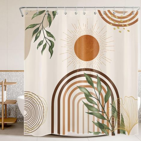 Bohême Moderne Rideaux de Douche 180x180cm Beige Abstrait Milieu du siècle Rideaux de Bain avec Crochets,Soleil Feuille Verte Imperméable Polyester Anti Moule Salle de Bain Décor (1/5)