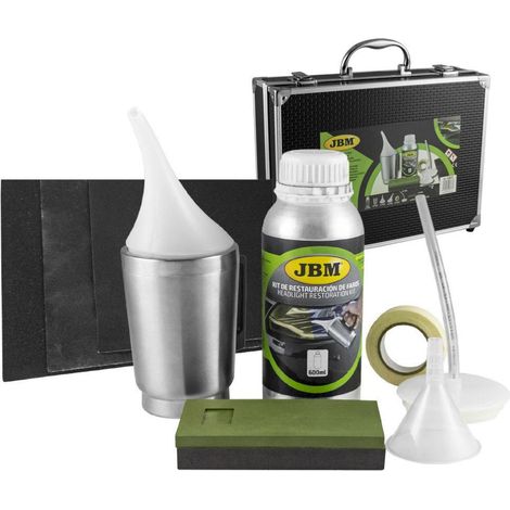 JBM – Kit de restauration optiques de phares – 600 ml liquide – 6 feuilles abrasives – Compatible avec la plupart des phares automobiles