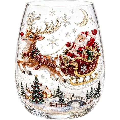 Verre décoratif 3D Noël, verre à vin sans pied décoré Père Noël (A), poignée antidérapante, motif 3D pour fêtes de Noël, mug à boissons festives