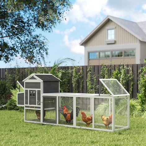 Grand Poulailler Poules Nid Toit Asphalte Plateau Amovible Animaux Compagnie Bois Blanc Gris 297,5x68x118cm