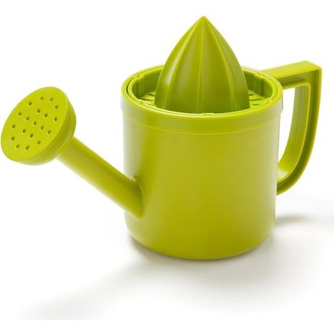 Exprimidor manual original con forma de regadera, de plástico verde, para zumo de limón o cítricos, con tapa abatible para su almacenamiento (1/5)