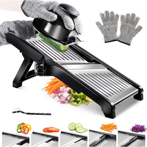 Mandoline Cuisine, Coupe Legume Multifonctions, Mandoline Réglable en Acier Inoxydable avec Protège Main et Gants de Sécurité, Découpeur de Légumes pour Fruits Légumes (1/5)