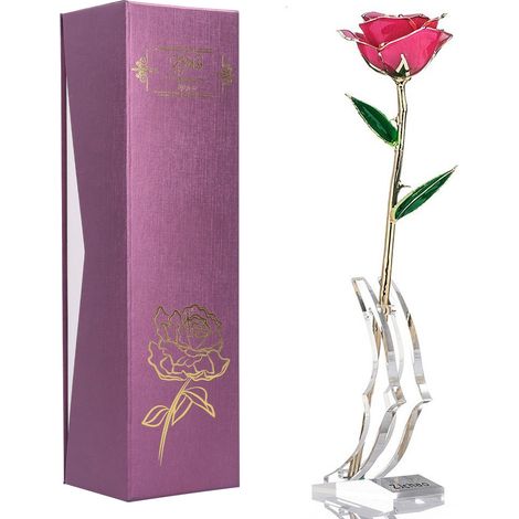 24K GoldPlated Rose Flower Pink Green Leaf for Valentine's Day Gift Decoration with Base (1/5)