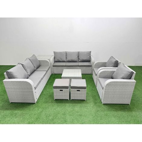 Fimous PE Rattan High Back Lounge Sofa Set Patio Square Coffee Table & Chairs Set with 3 Seater Sofa Reclining Chair Stools Side Table Light Grey (1/4)