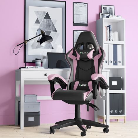 Fauteuil de Bureau - BIGZZIA Chaise Gaming - Siège de Bureau Réglable Gaming Racing - avec coussin et dossier inclinable - Noir et Rose (1/5)