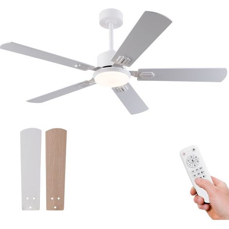 Ventilateur de plafond 52 pouces avec lumière et télécommande, ventilateur plat moderne pour chambre à coucher, 5 pales double finition blanc et couleur bois naturel, LED réglable, moteur réversible 6 (1/5)