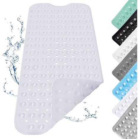 Tapis de Douche Antidérapant, 100x40cm Tapis de Douche Antidérapant avec Ventouses, Tapis de Bain Antidérapant Long, Tapis de Douche avec Trous D'évacuation, Design Galets, Blanc Transparent (1/5)
