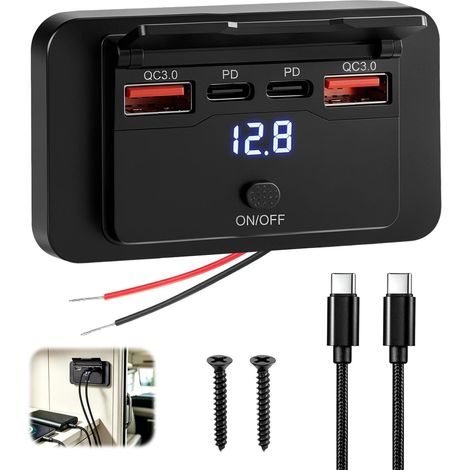 Prise USB 12V Encastrable 4 Ports 76W avec Interrupteur, Double 36W PD et Double 18W QC3.0, Chargeur Voiture Rapide en Saillie pour Camping-Car, Caravanes, Voitures, Camions, Bus, Marine (1/5)