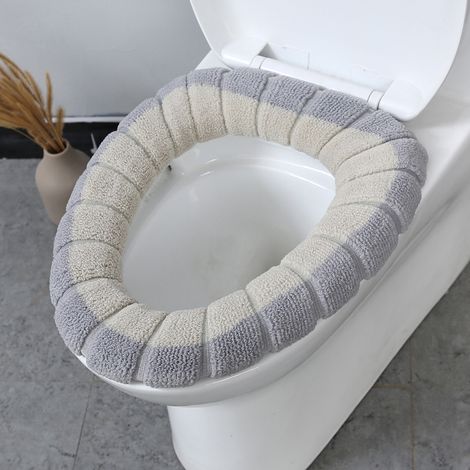 Dickes, gestricktes, waschbares WC-Sitzkissen, Winter-WC-Sitzbezug (grau und beige)