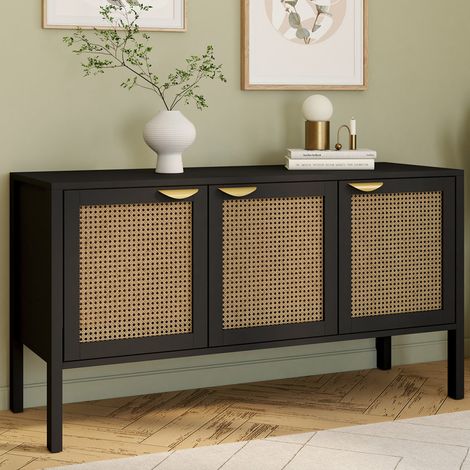 Aparador bajo de 3 puertas EDHEN 110 cm en madera negra y caña
