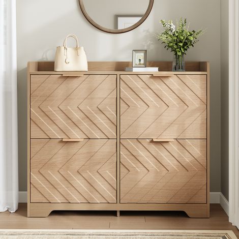 Tkopy - Meuble d'entrée, meuble chaussure entree, avec compartiments à rabat, des portes texturées en 3D et une étagère sur le dessus, meuble à chaussures entrée, gain de place, 105x24x90 cm, Naturel (1/5)