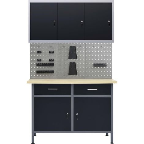 Banco da lavoro da 120 cm e 3 pannelli a parete e 1 mobile tavolo da lavoro grigio nero 020003664