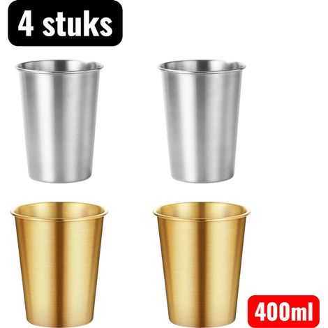 Lot de 4 - Mug - Mug de camping en acier inoxydable - Mug industriel en métal - Mug à simple paroi pour boissons froides - Argenté - 400 ml (1/5)